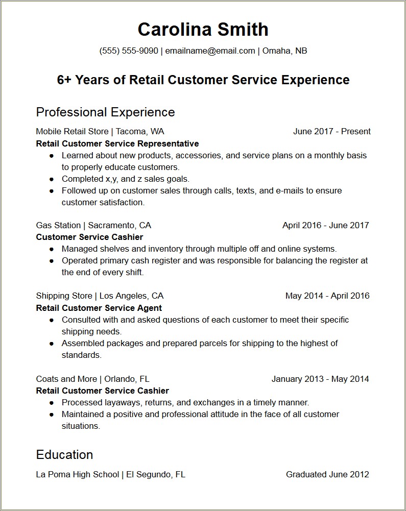 Customer Service Retail Job Description For Resume