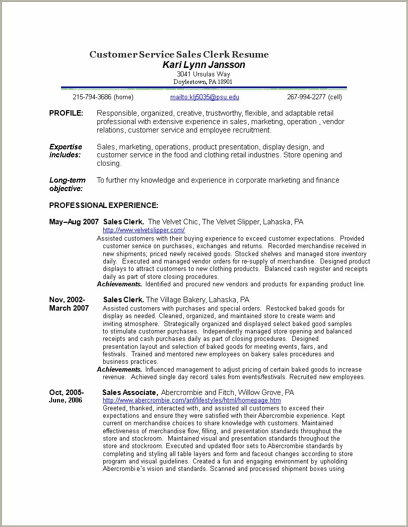 Customer Service Sales Resume Objective Examples