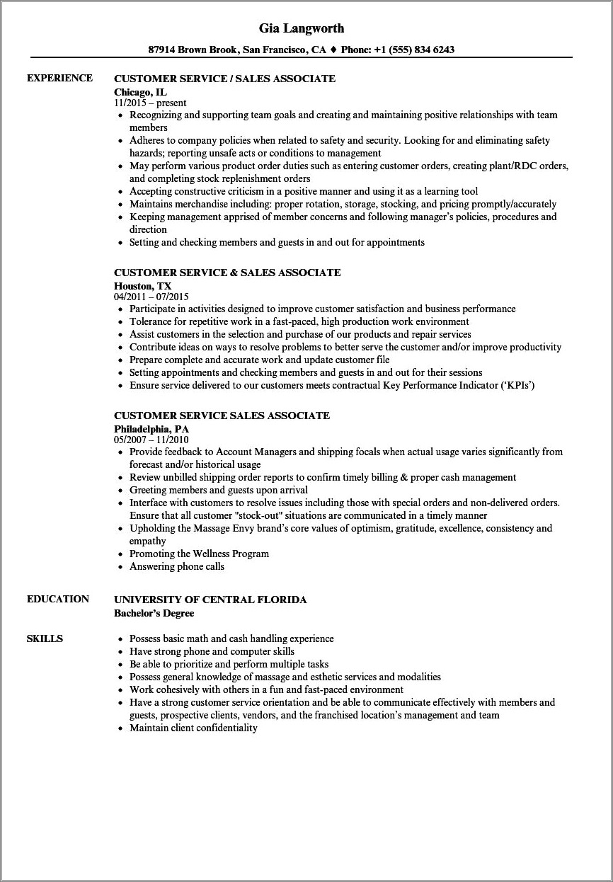 Customer Service Sales Skills Sample Resume