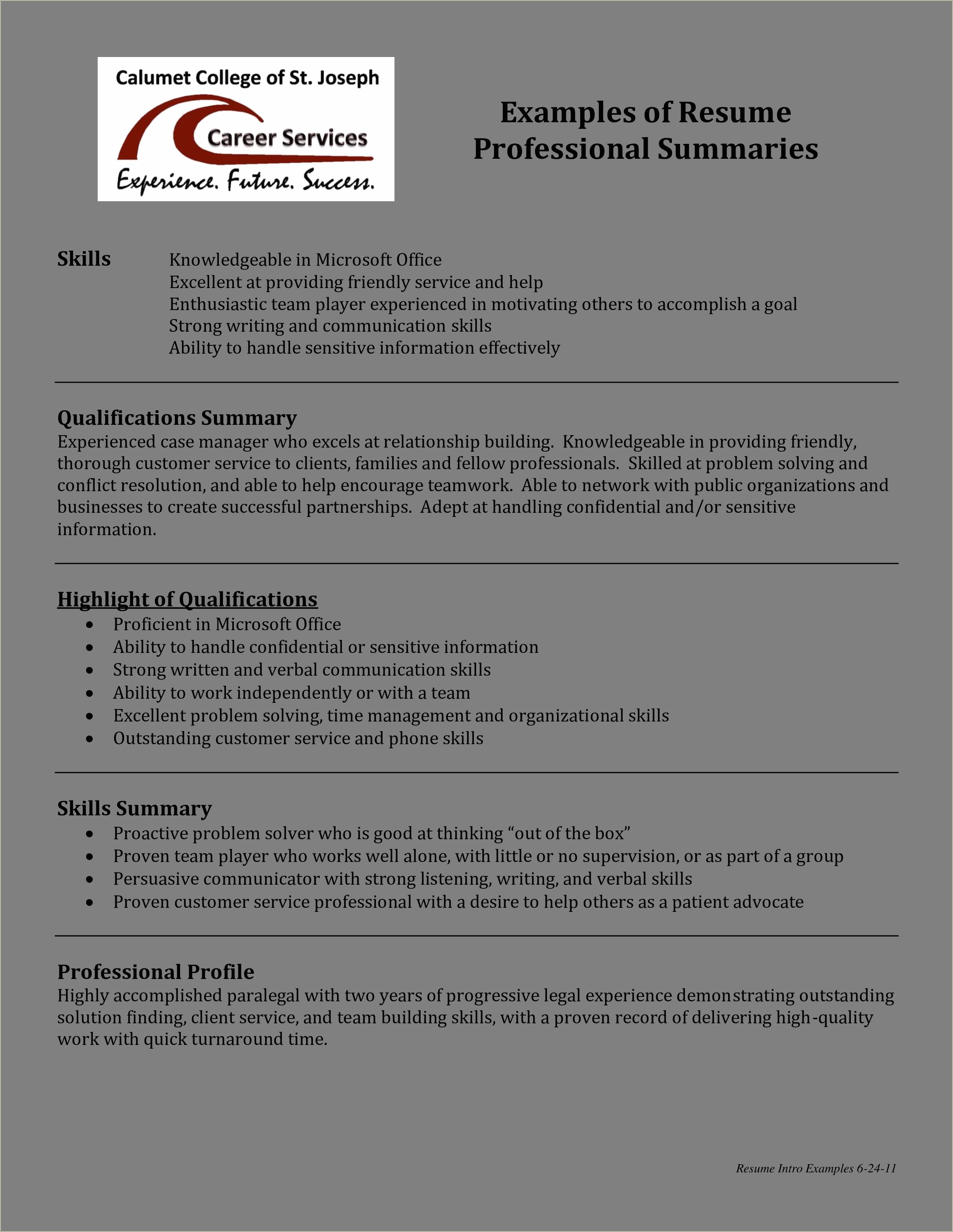 Customer Service Skills Summary For Resume