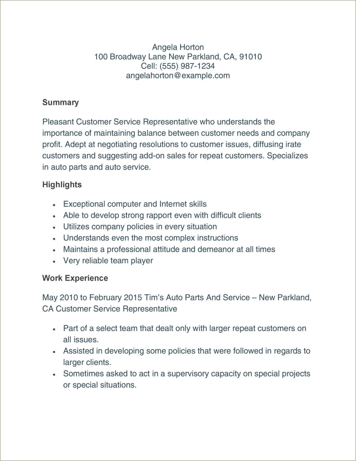 Customer Service Summary Example For Resume