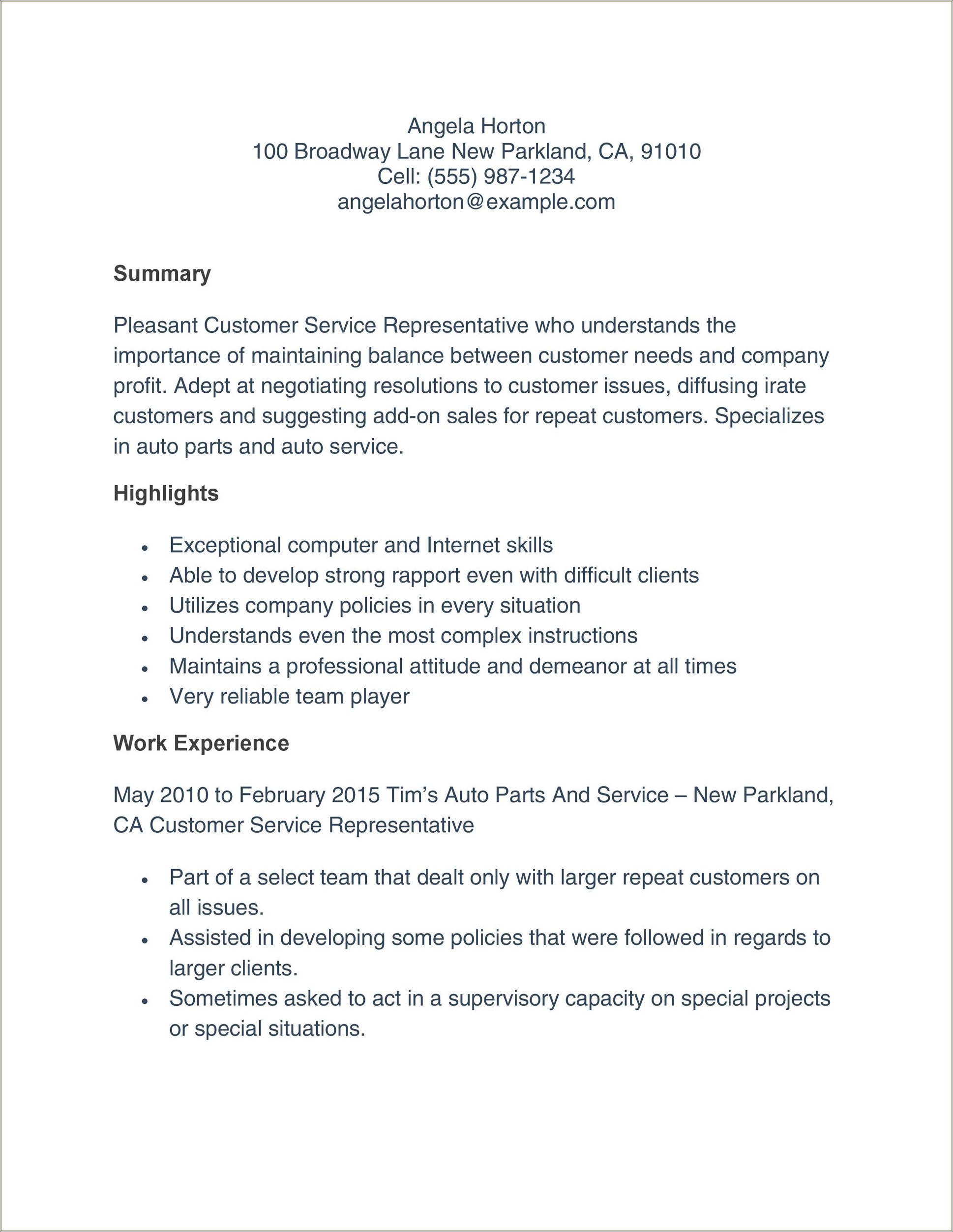 Customer Service Summary Example For Resume