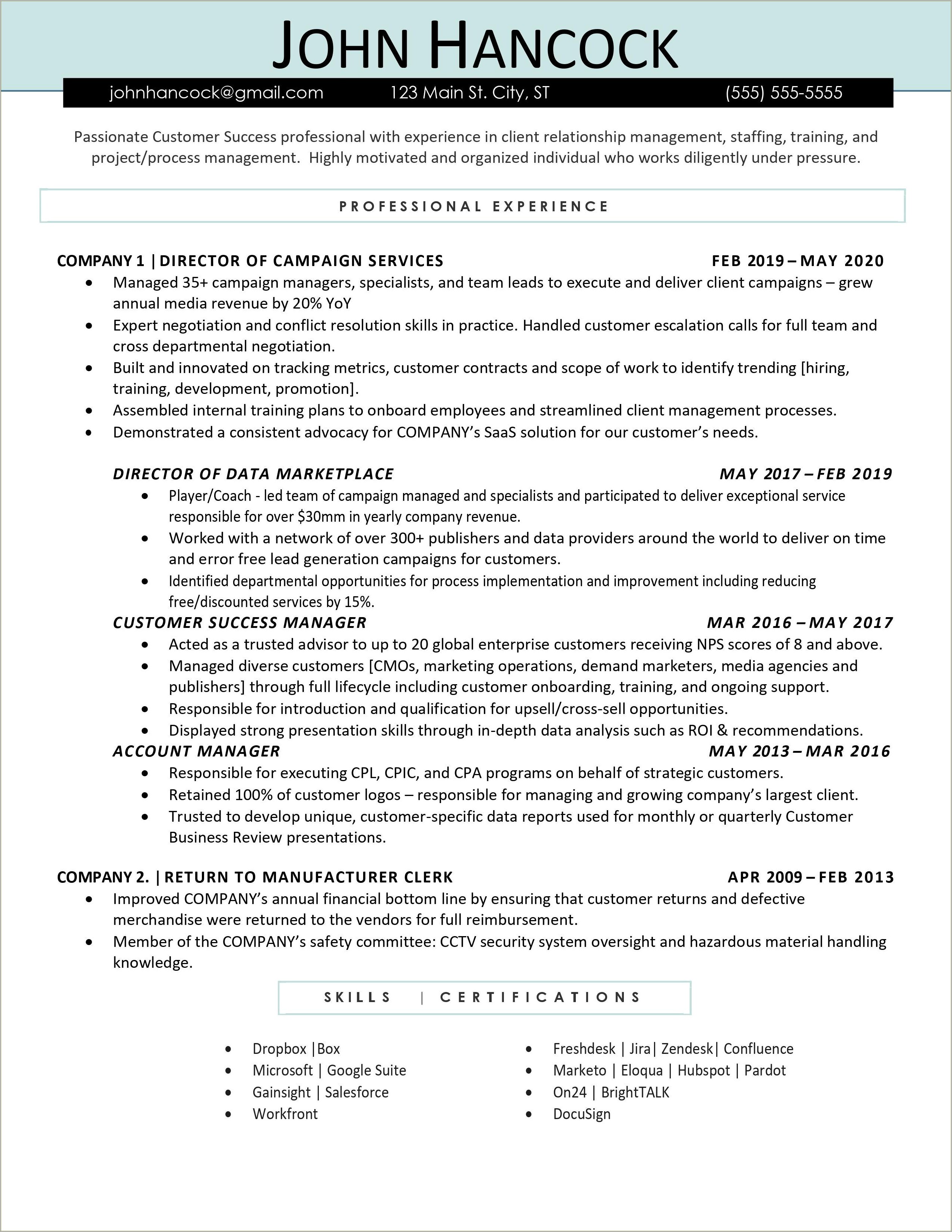 Customer Success Manager My Resume Pdf