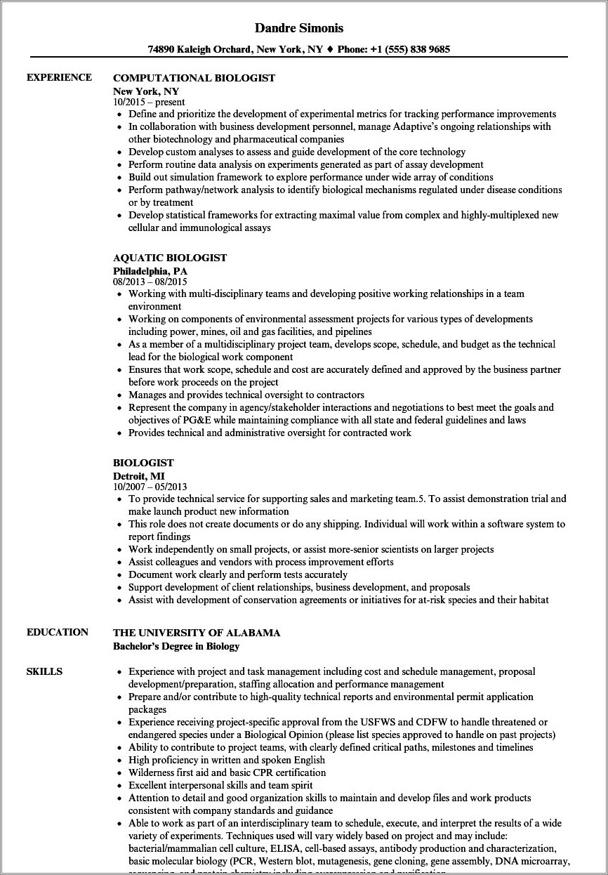 Cv Resume Examples Scientist Role In Vitro Biology