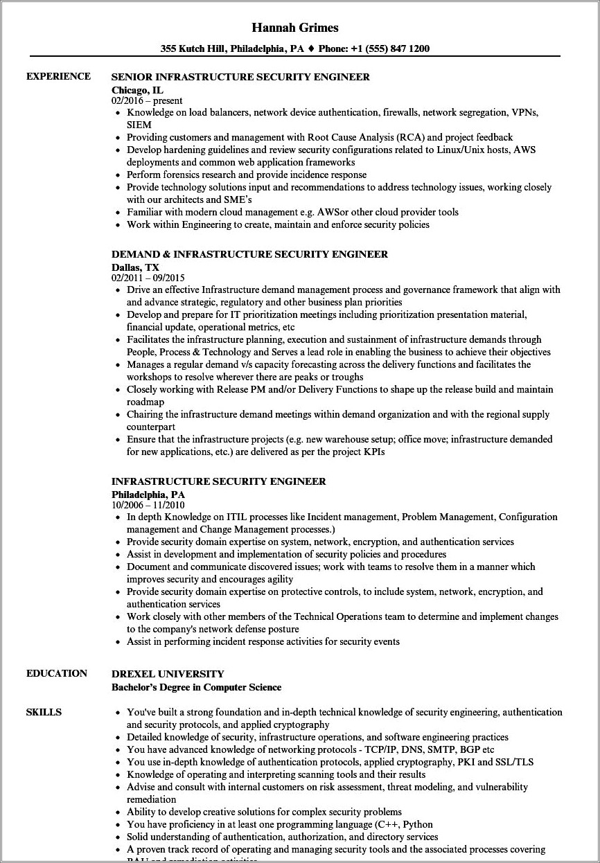 Cyber Security Infrastructure Engineer Resume Summary