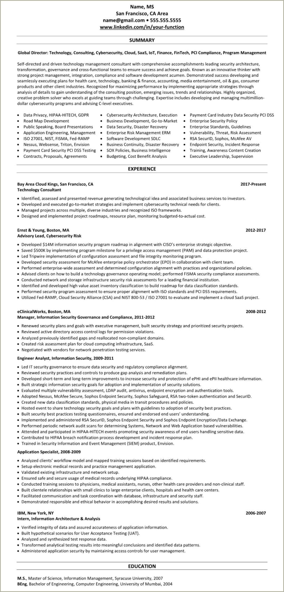 Cyber Security Nist Project Based Resume Sample
