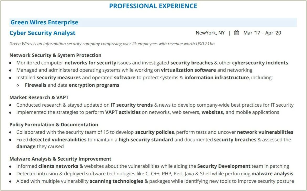 Cyber Security Resume With No Experience