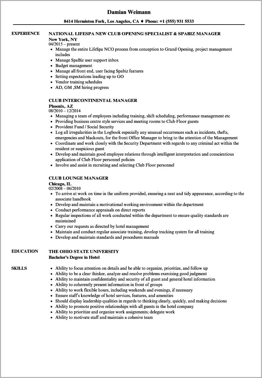 Dance Club General Manager Resume Examples