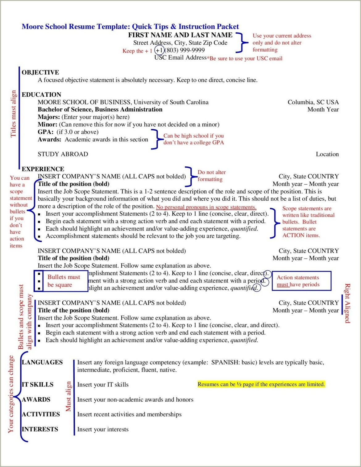 Darla Moore School Of Business Resume Template