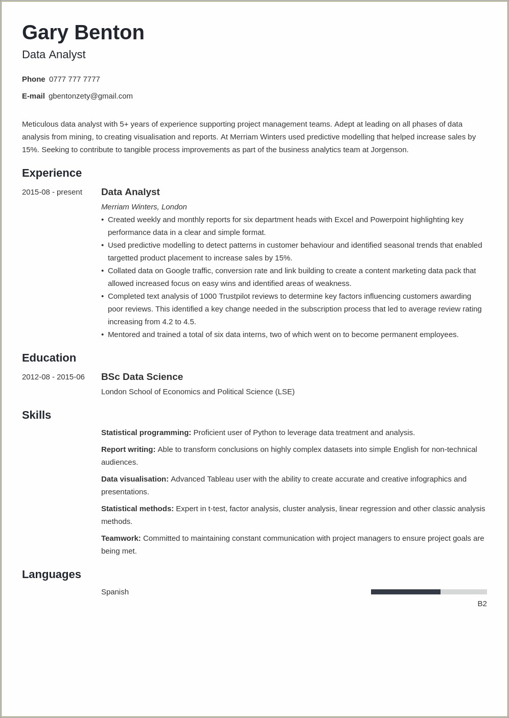Data Analysis And Reporting Job Resume