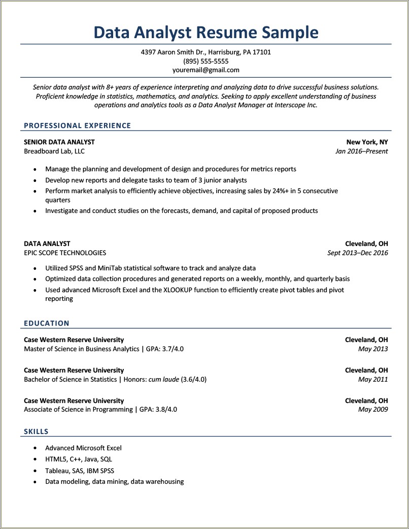 Data Analyst Job Description Samples For Resume