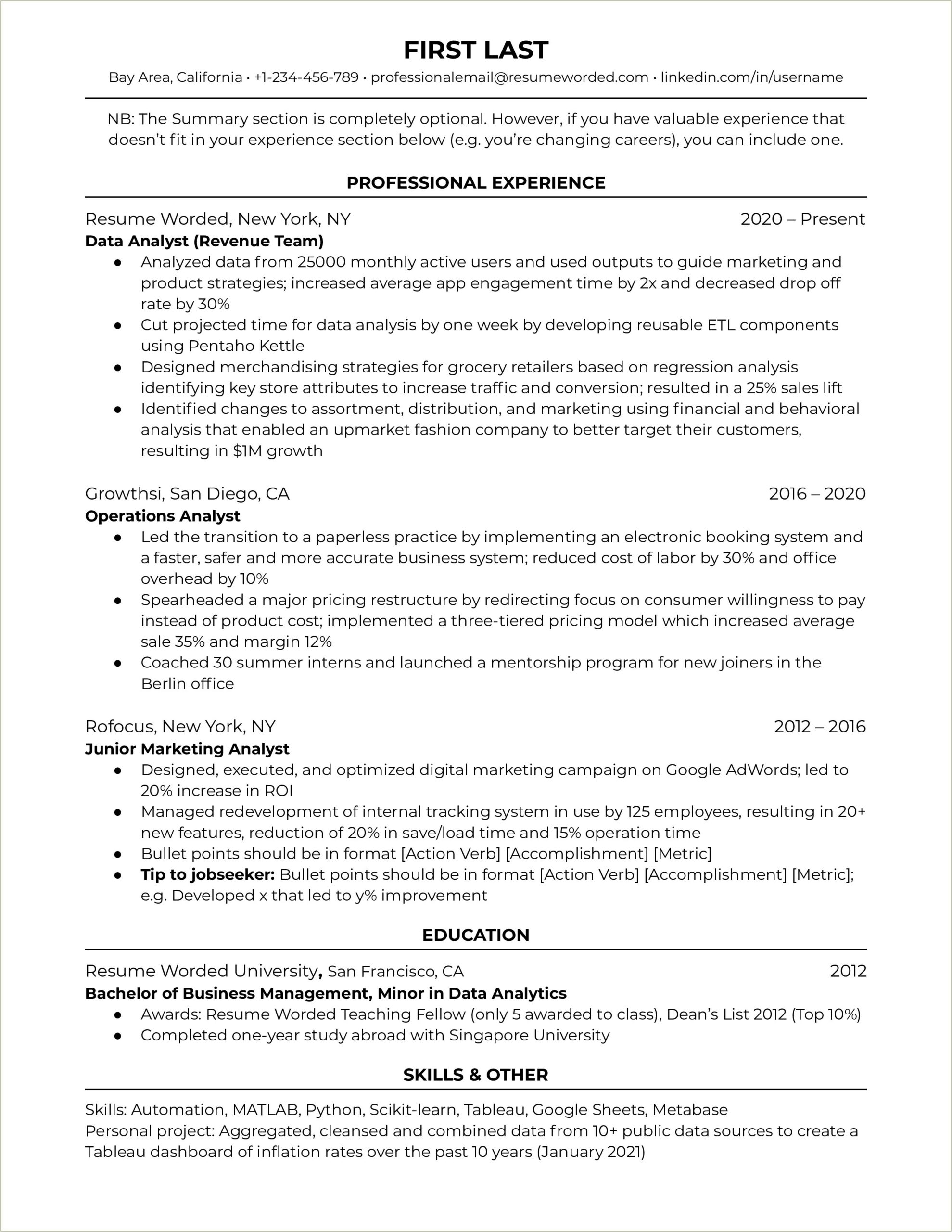 Data Analyst Resume Coolege Student Example