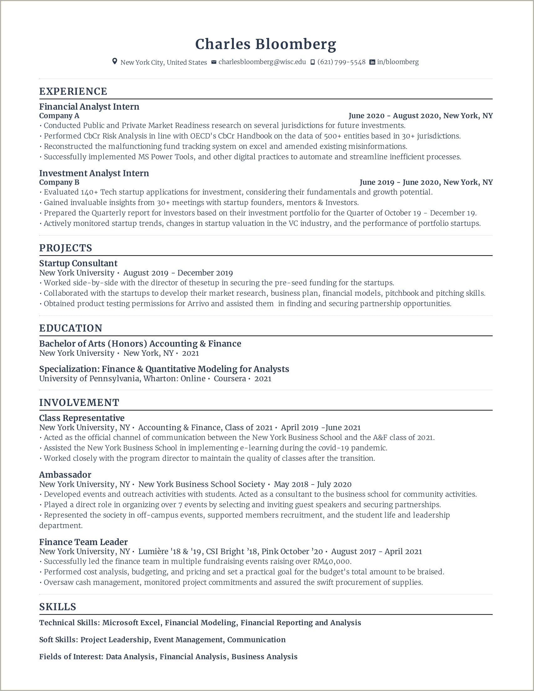 Data Analyst Resume Example For Interns