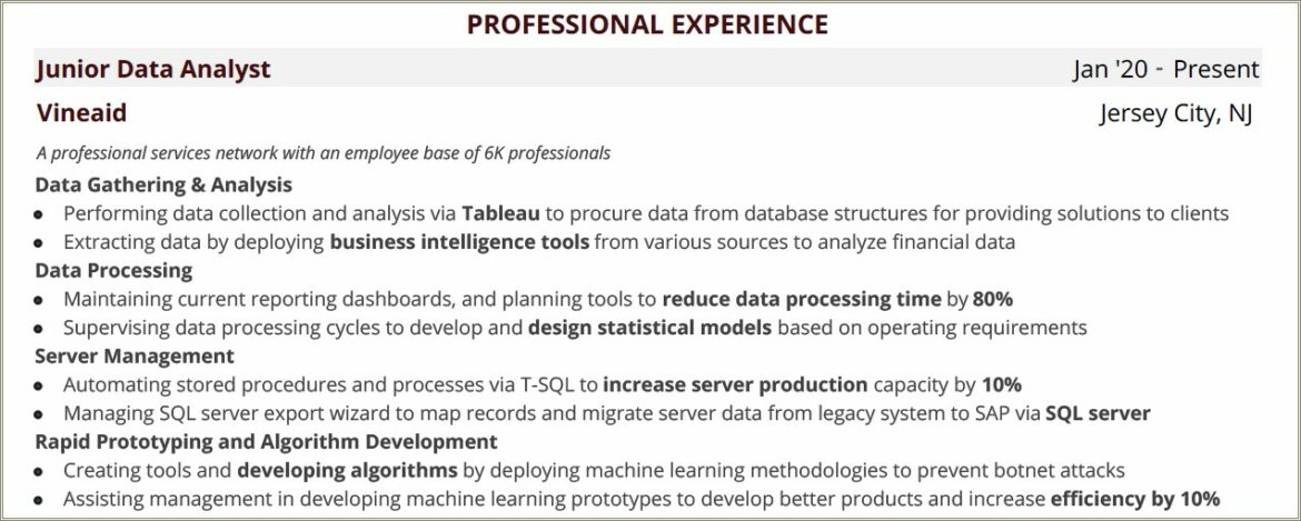 Data Analyst Tableau Sql Resume Samples