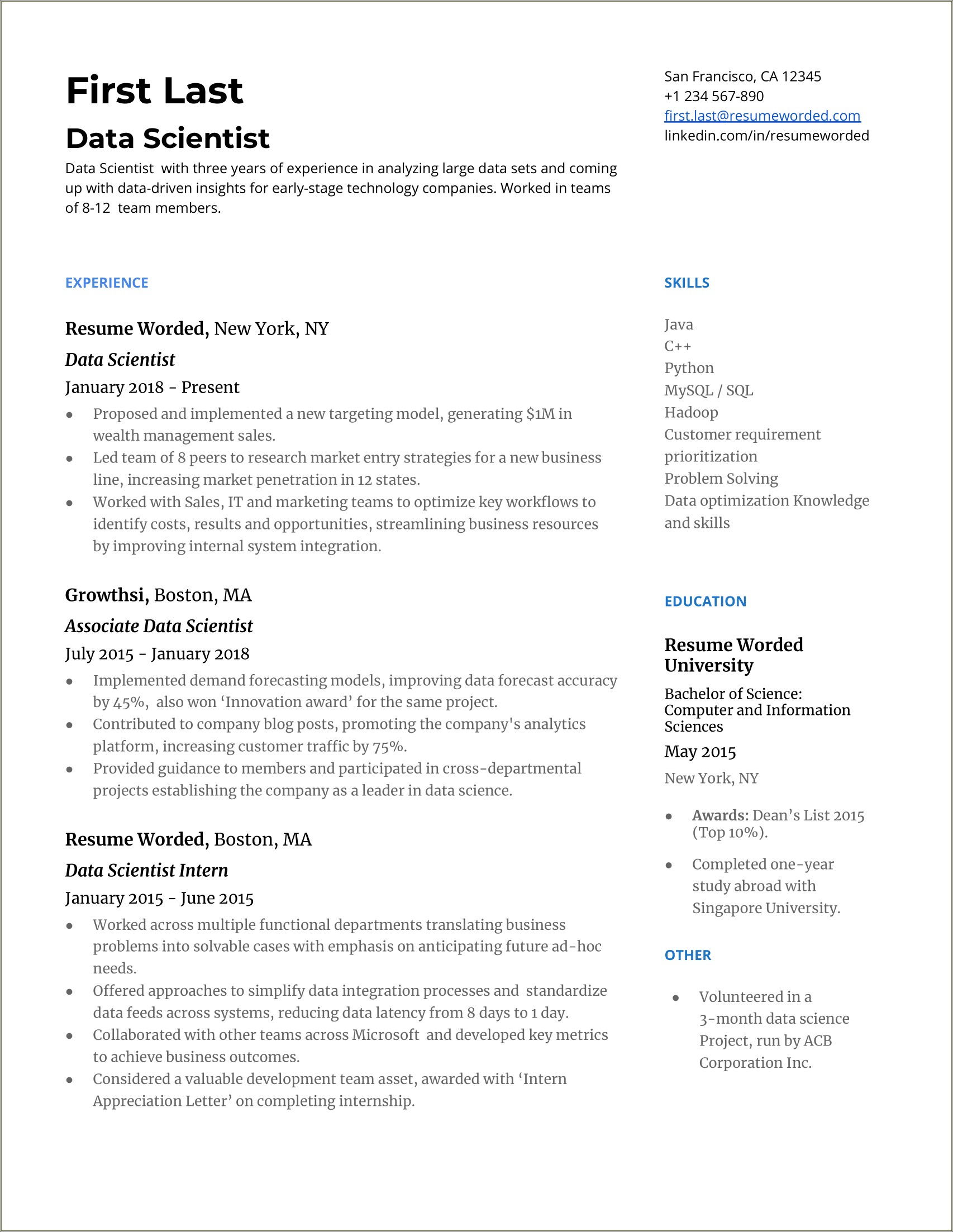 Data Analytics Recent Grad Resume Examples