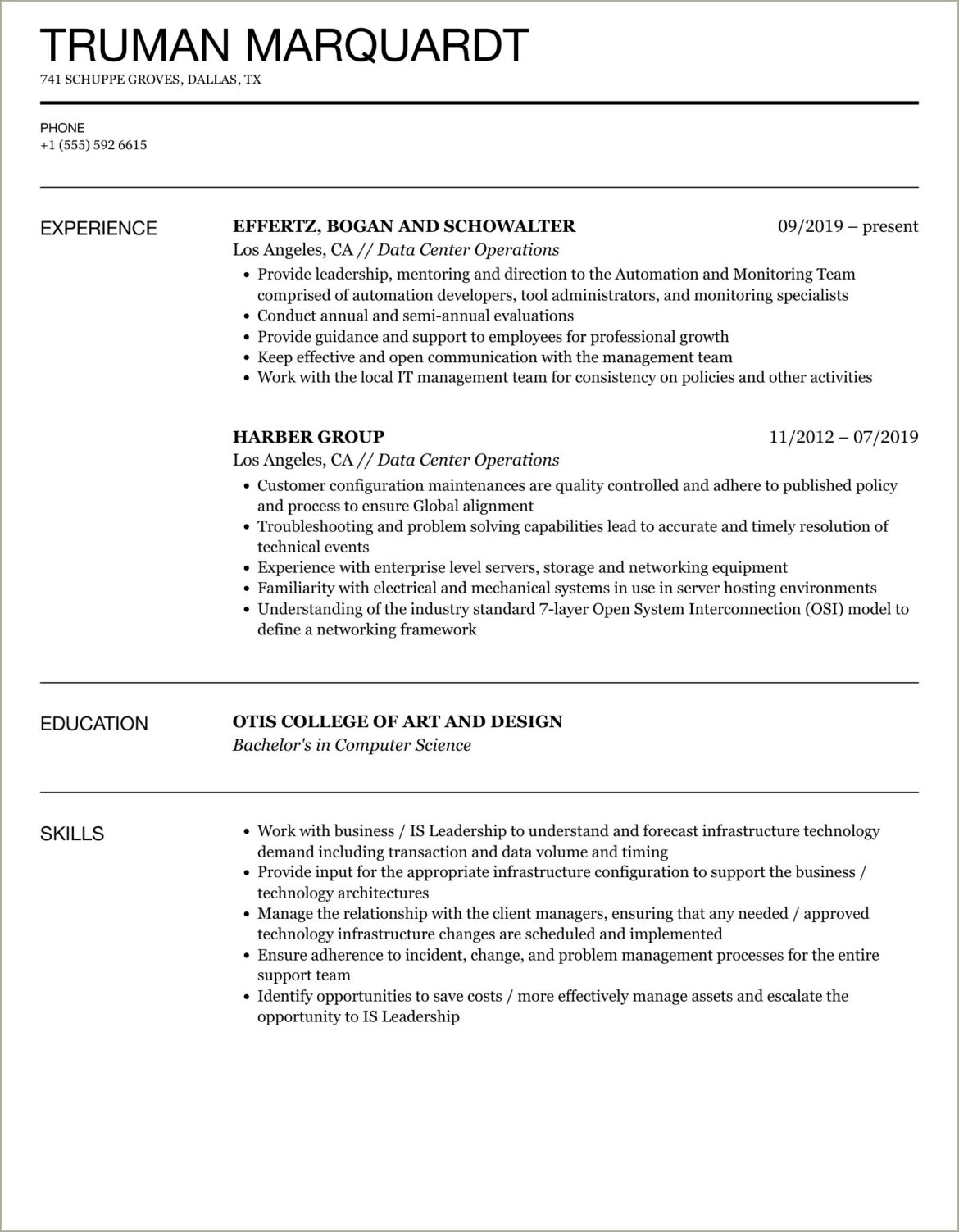 Data Center Operations Engineer Sample Resume