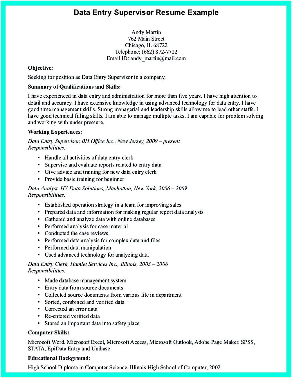 Data Entry Clerk Resume Word Template