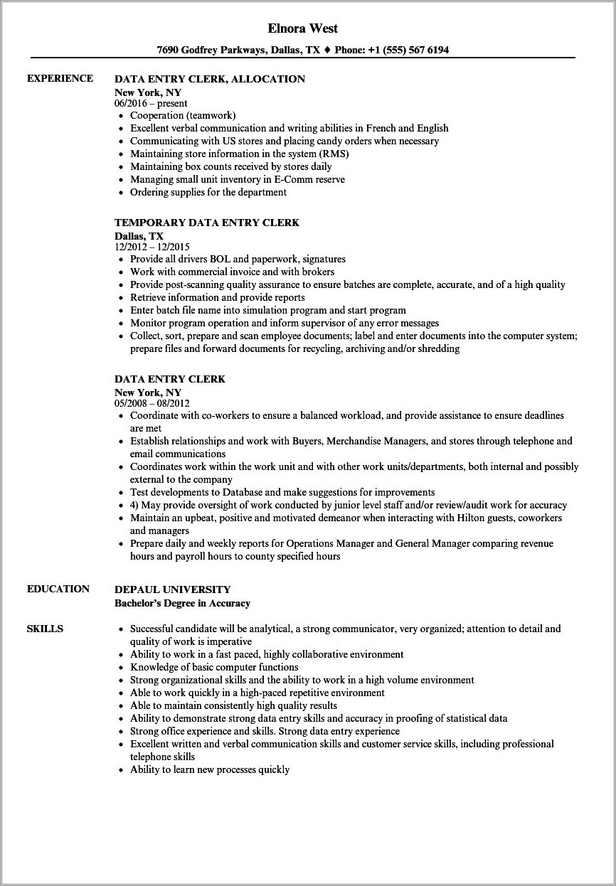 Data Entry Job Description Resume Sample