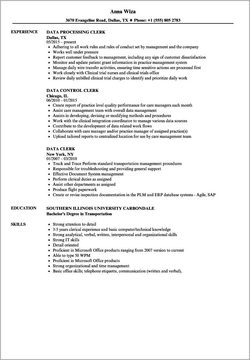 Data Entry Position Summary For Resume