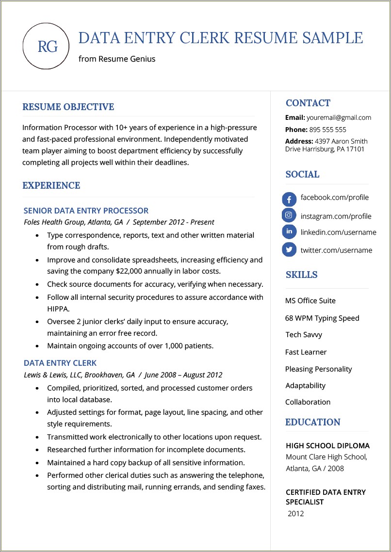 Data Entry Specialist Resume Example Template