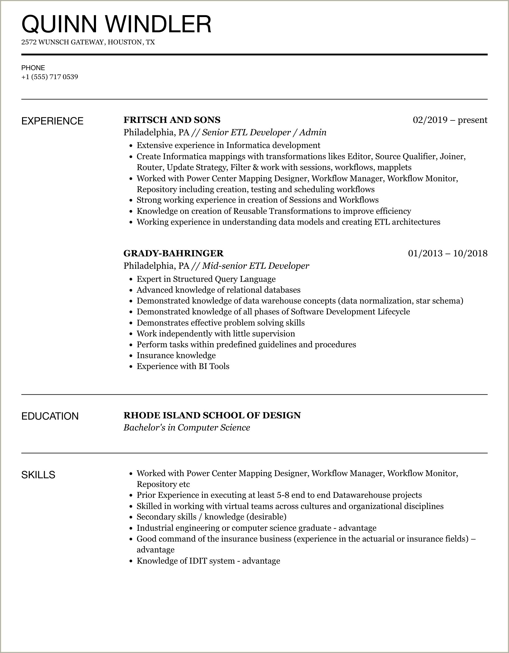 Data Extract Transform Load Resume Example