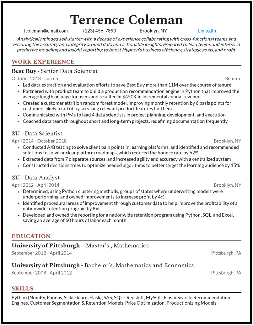 Data Science Resume Sample For Experienced