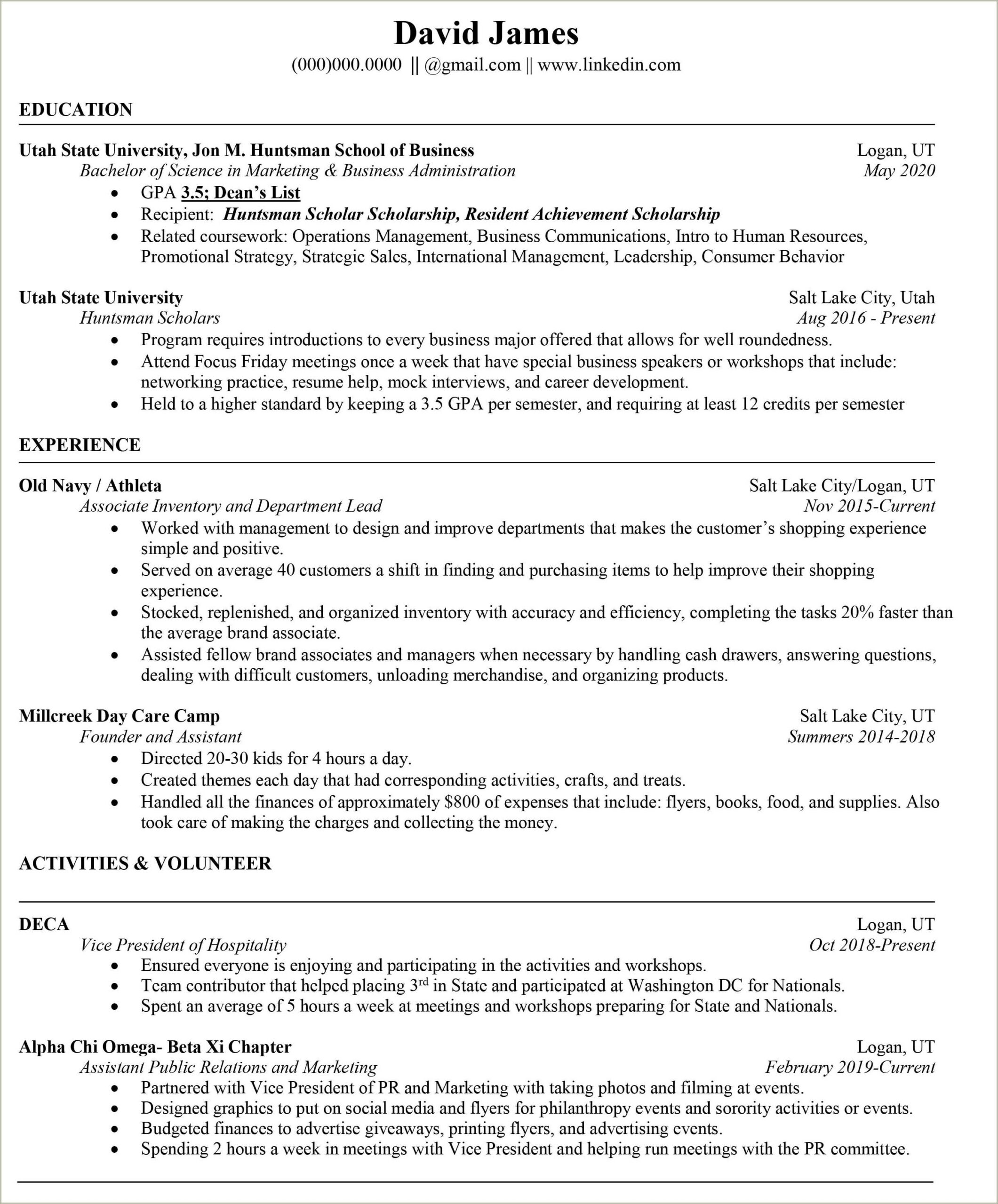 David Eccles School Of Business Resume Templates