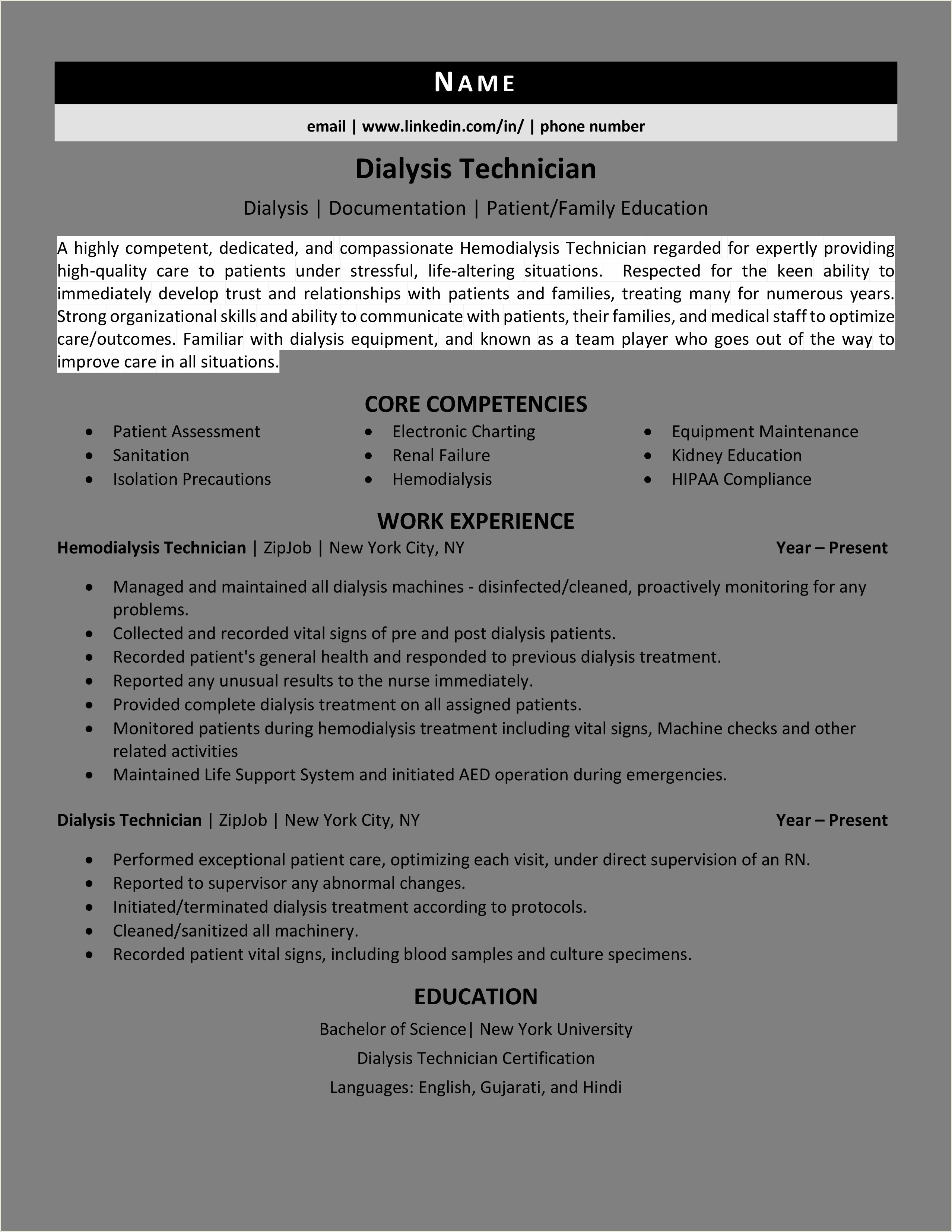 Davita Patient Care Tech Resume No Experience