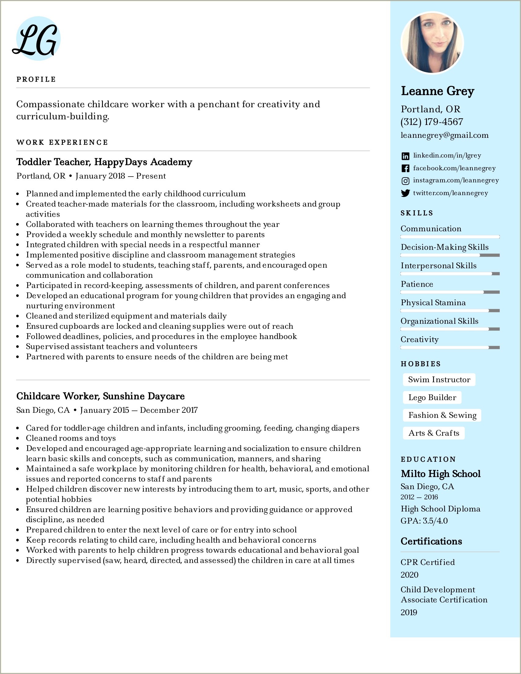 Day Care Resume Skills And Abilities