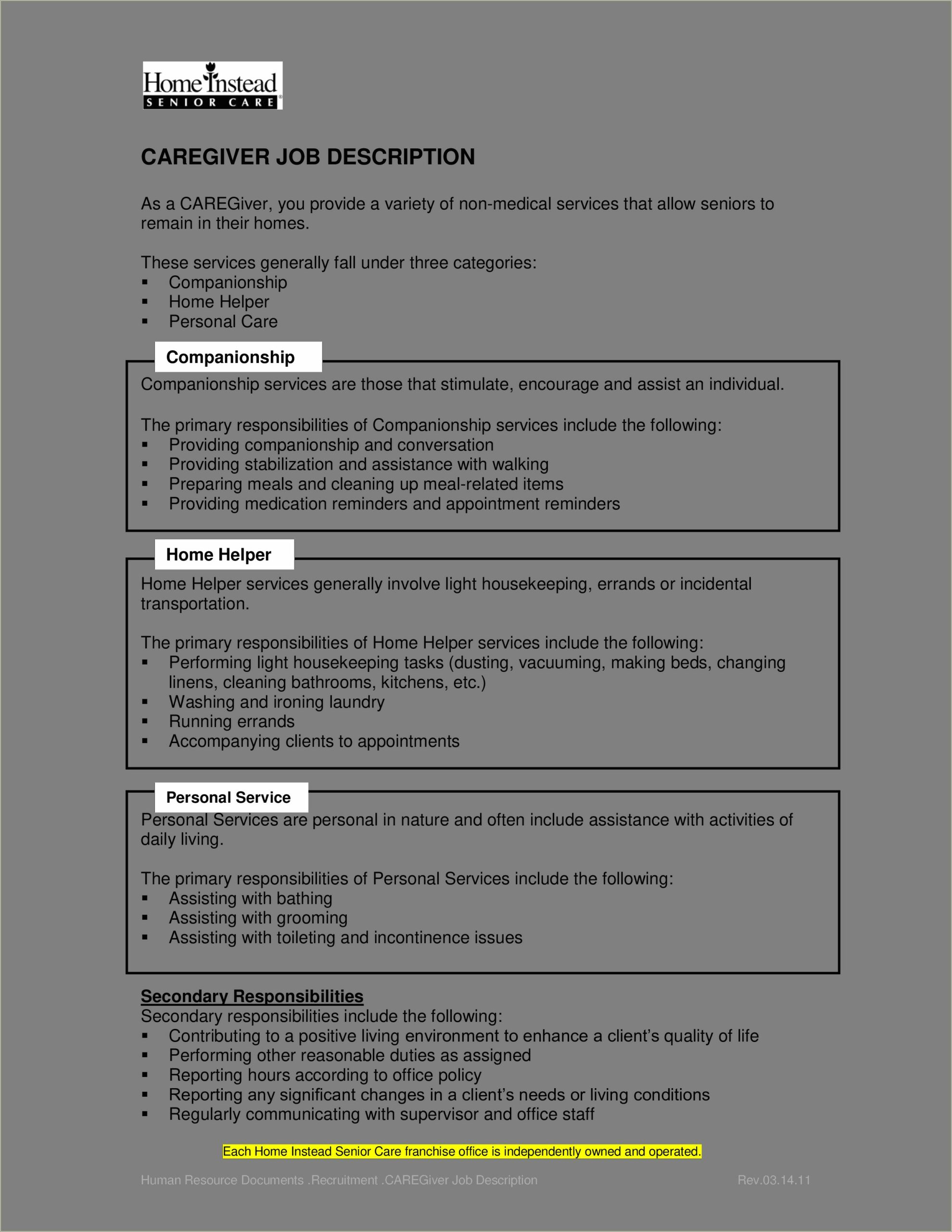 Daycare Caregiver Job Description For Resume
