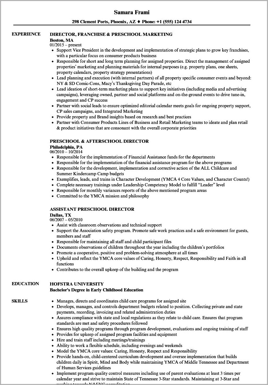 Daycare Director Job Description For Resume