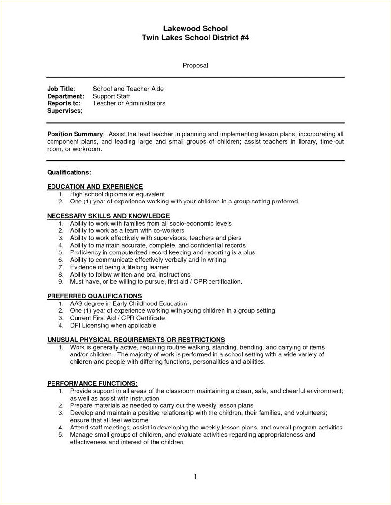 Daycare Teacher Assistant Job Description For Resume
