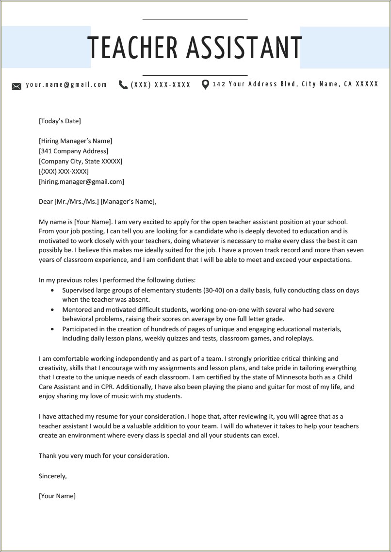 Daycare Teacher Cover Letter For Resume