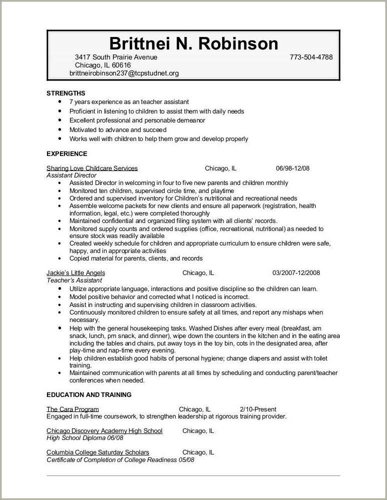 Daycare Teacher Job Description For Resume
