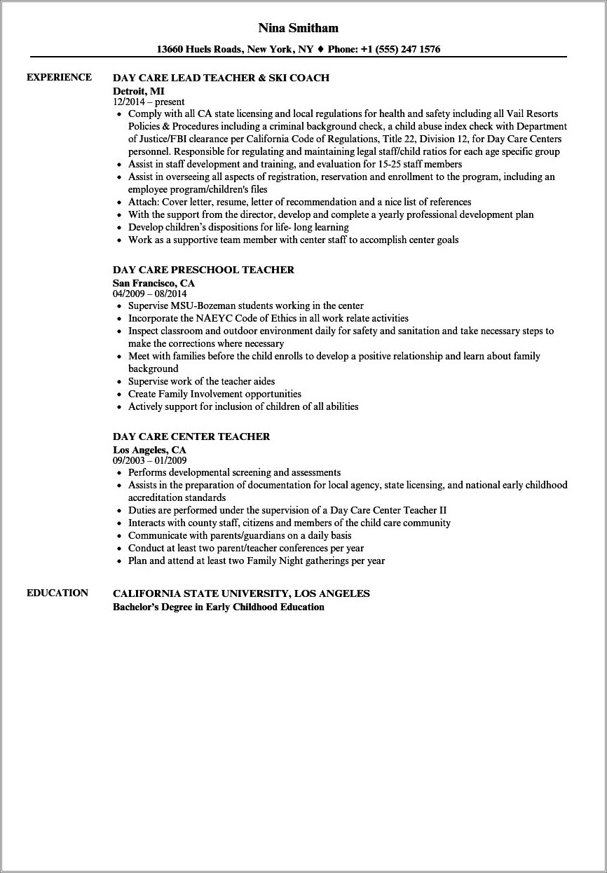 Daycare Teacher Job Description Infant Resume