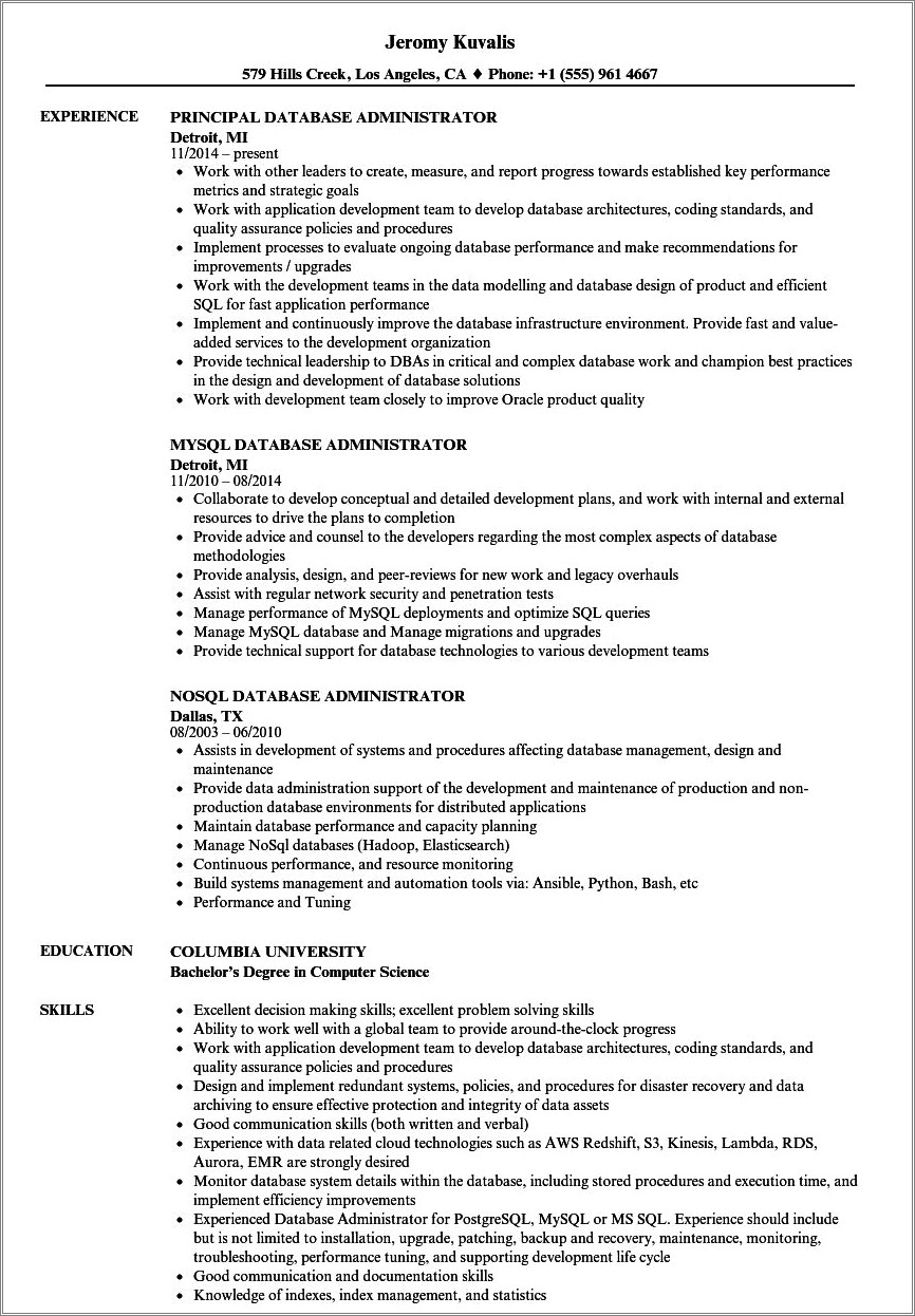 Db2 Dba Resume With Clustering Experience