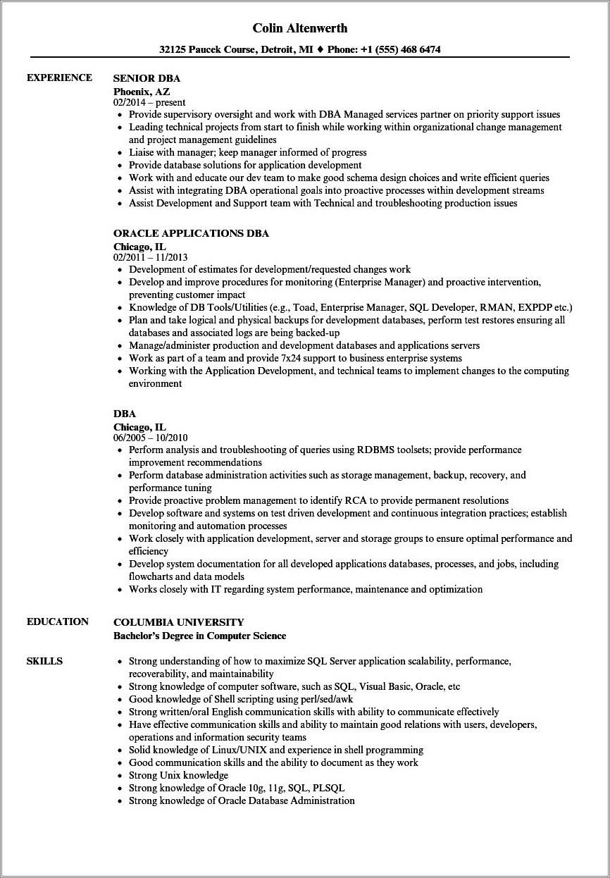 Dba Resume For 2 Year Experience