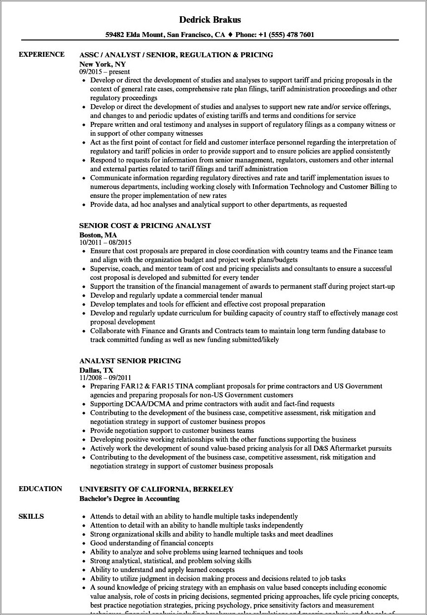Dcma Contract Price Cost Analyst Resume Examples