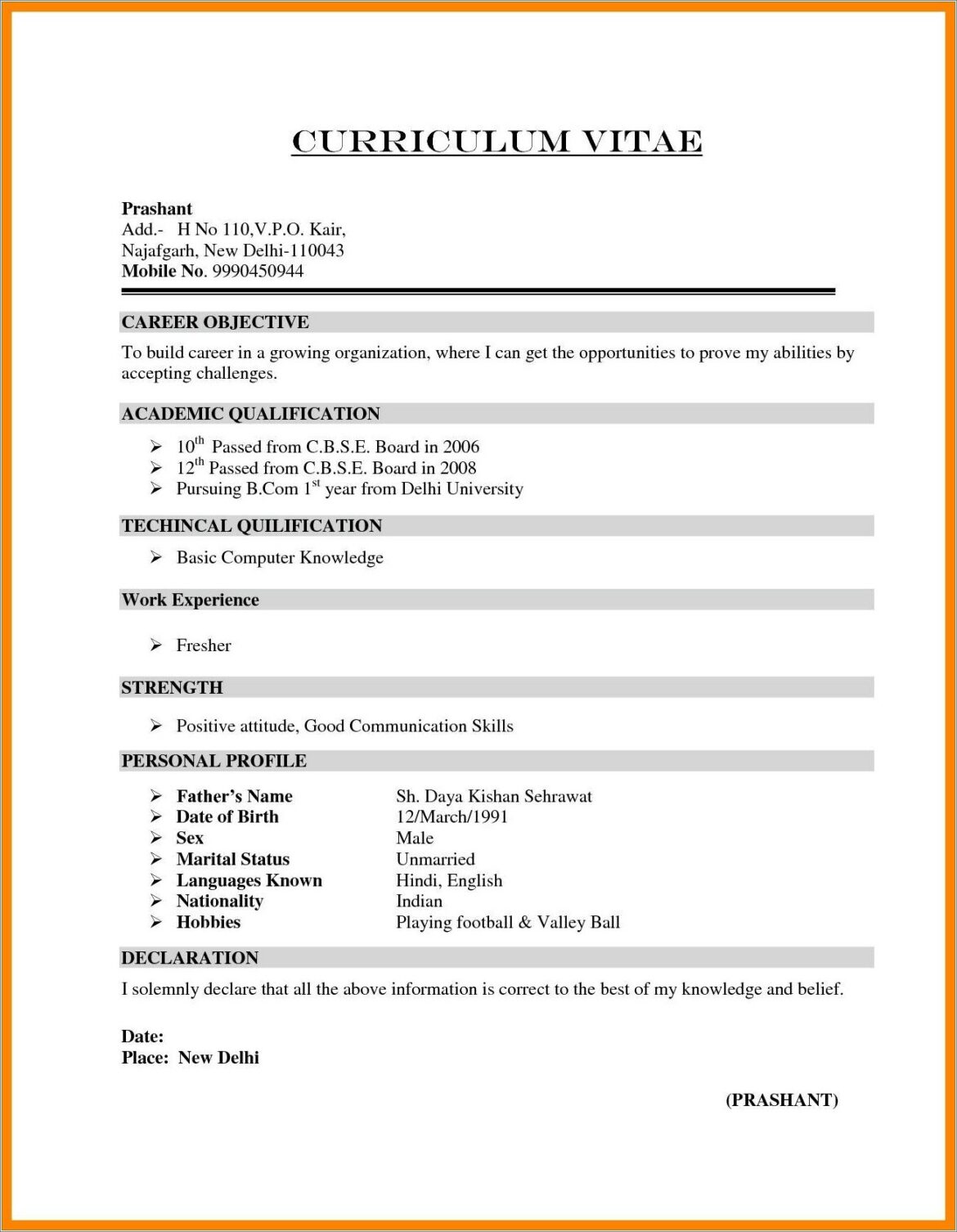 Declaration In Resume For Freshers Examples