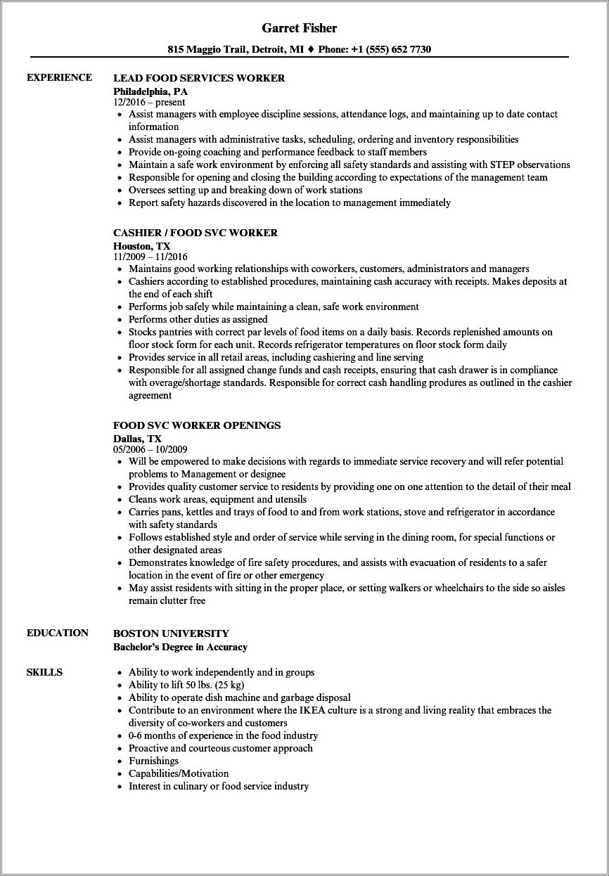 Decribe Your Food Service Experience In A Resume
