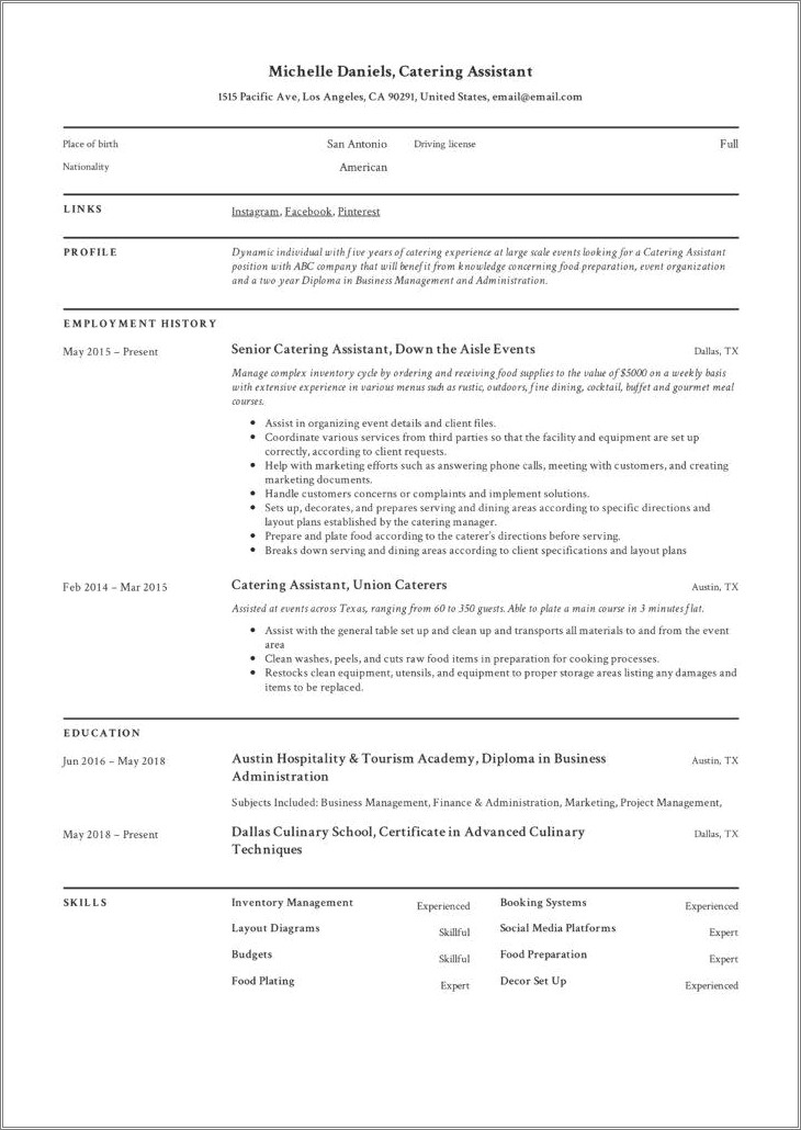 Deli And Catering Work Experience On Resume