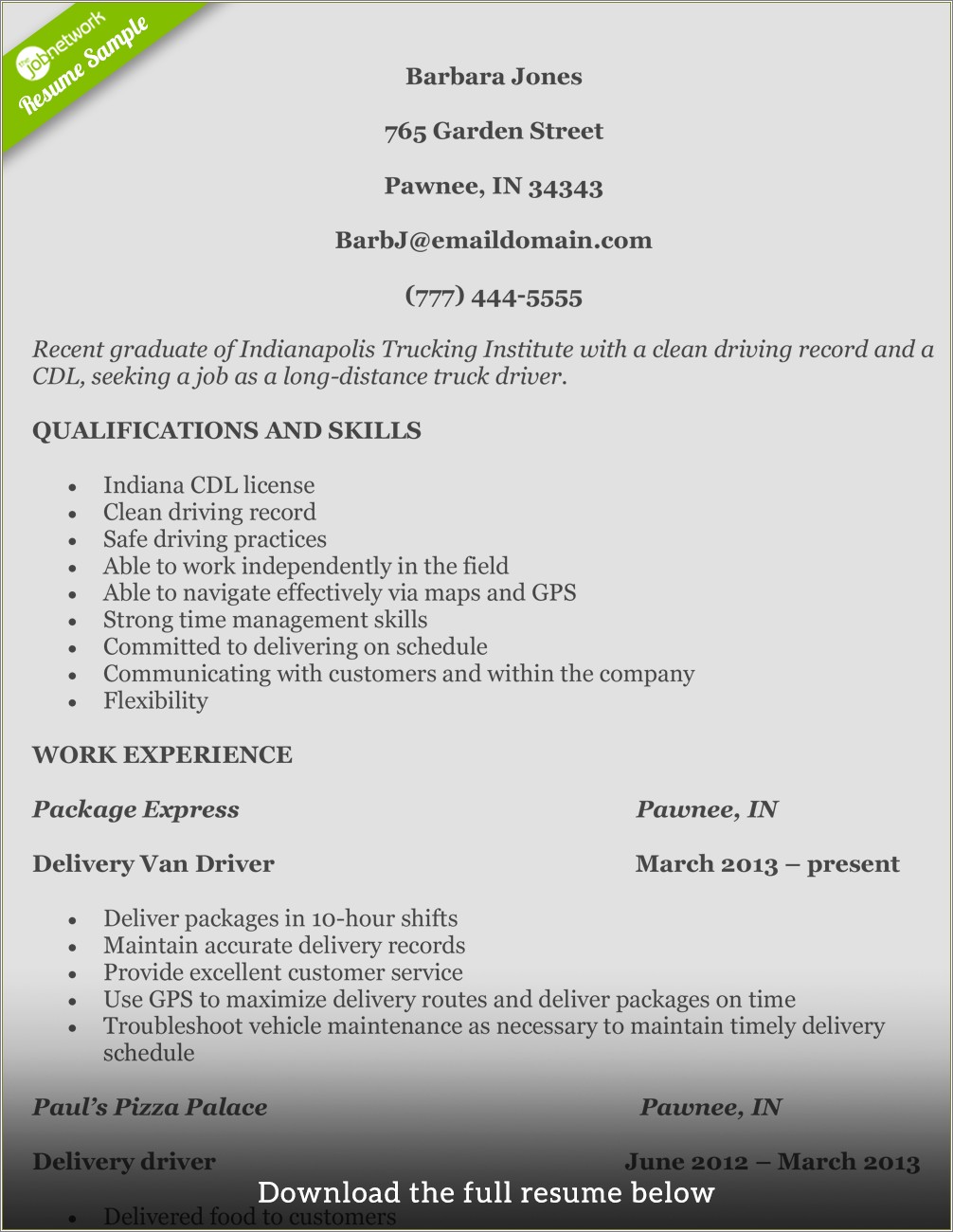 Delivery Driver Job Description And Duties Resume