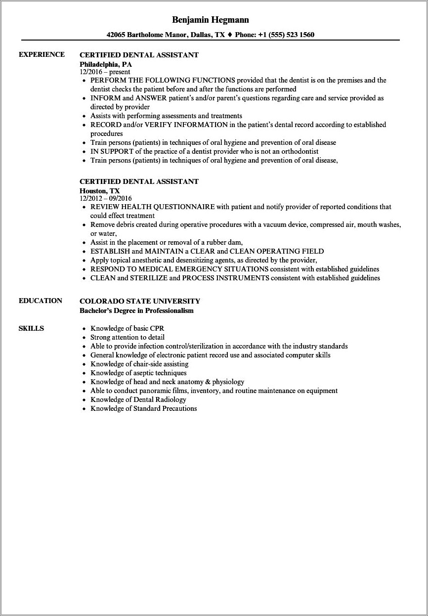 Dental Assistant Job Summary For Resume