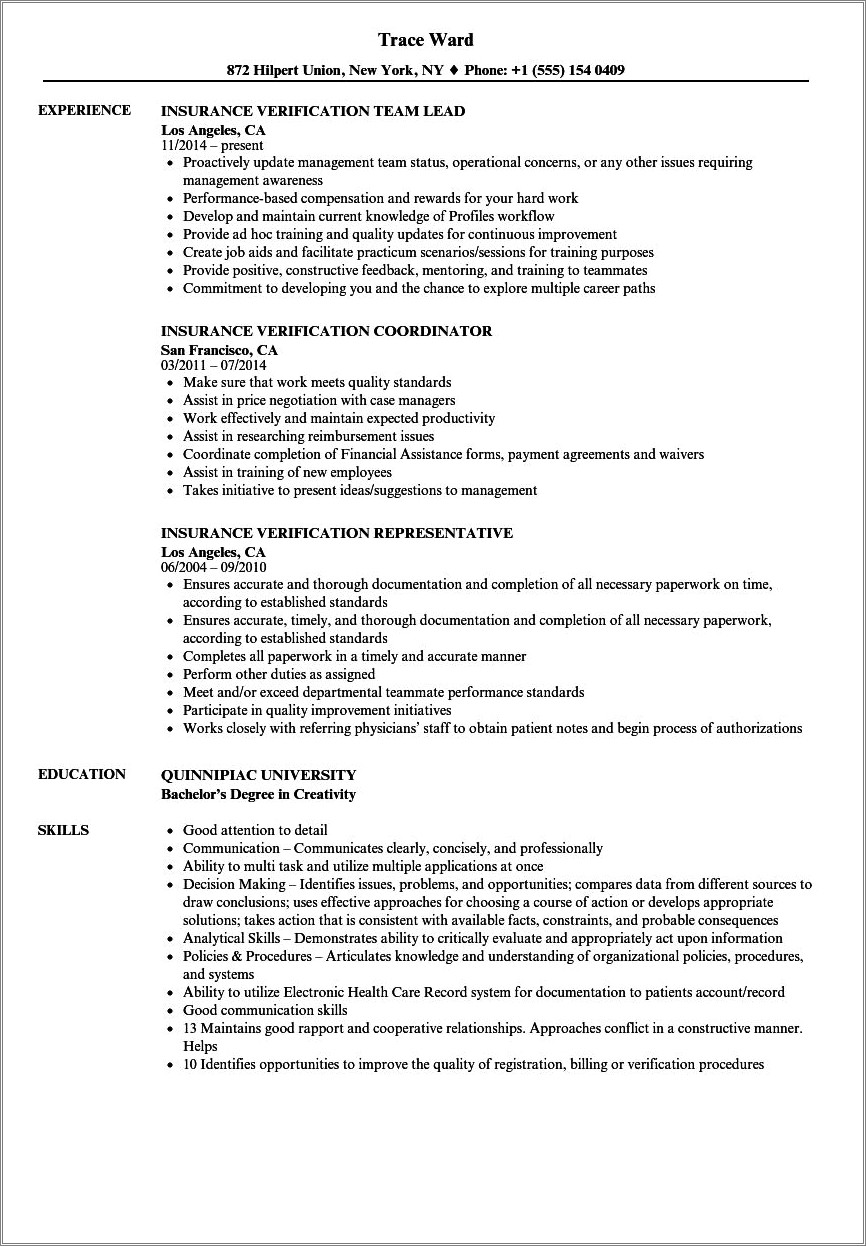 Dental Insurance Coordinator Job Description For Resume