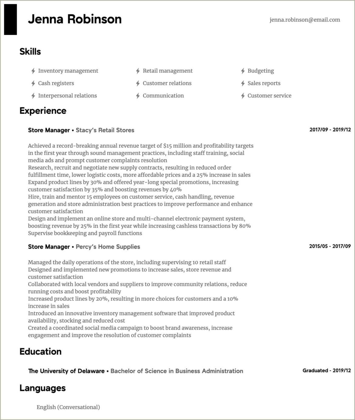 Department Store Manager Resume With Key Accomplishments