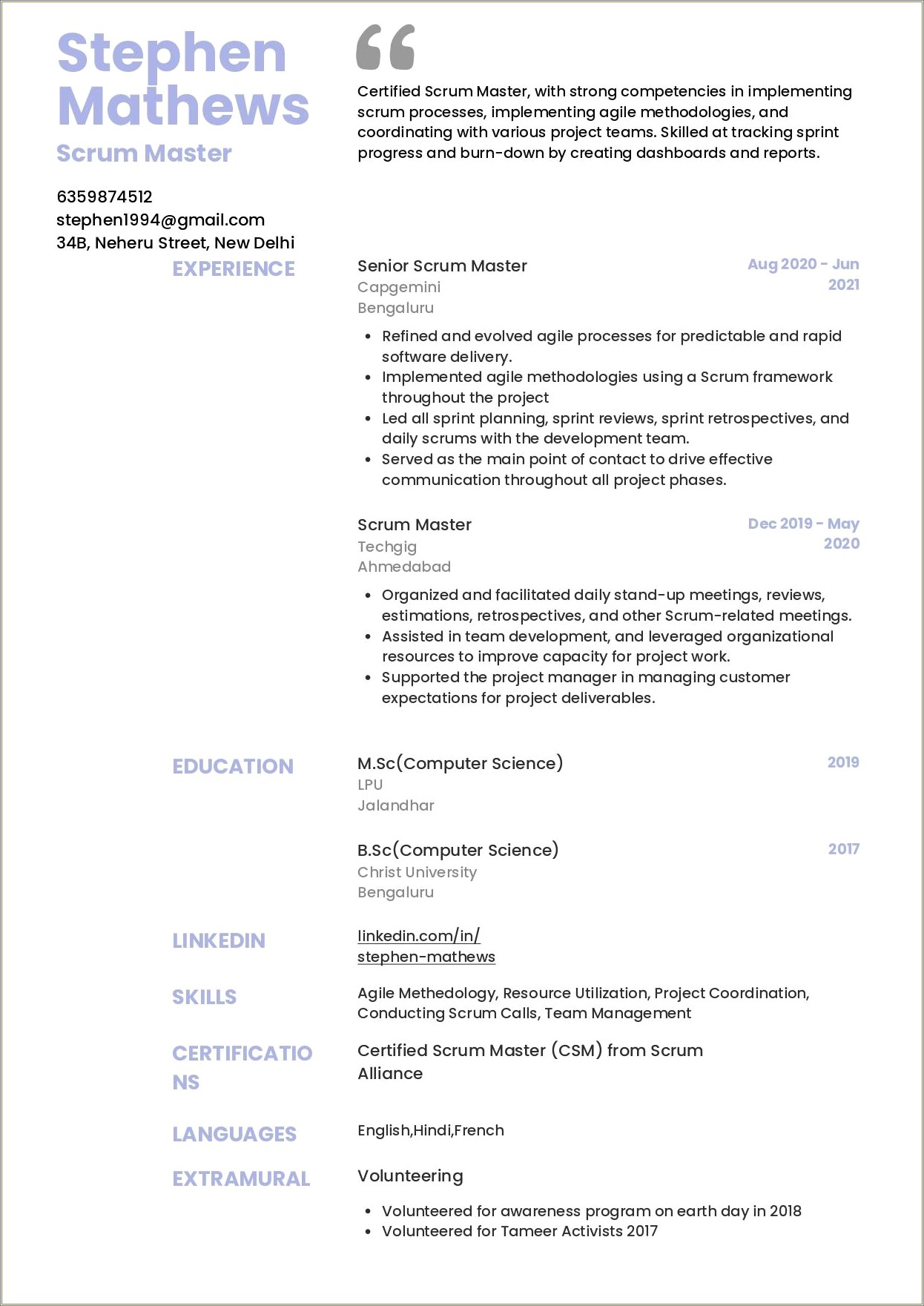 Description For Masters In Computer Science In Resume