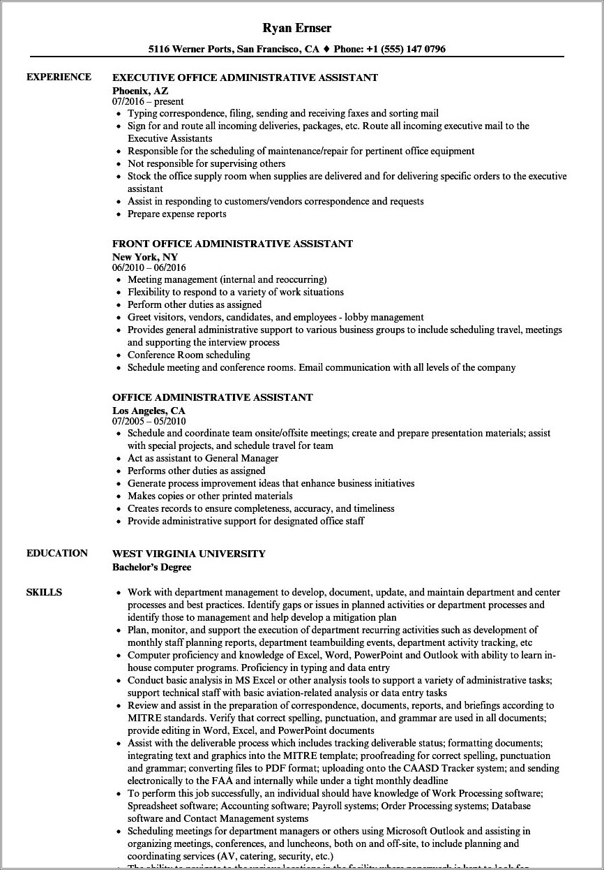 Description For Office Administrative For Resume