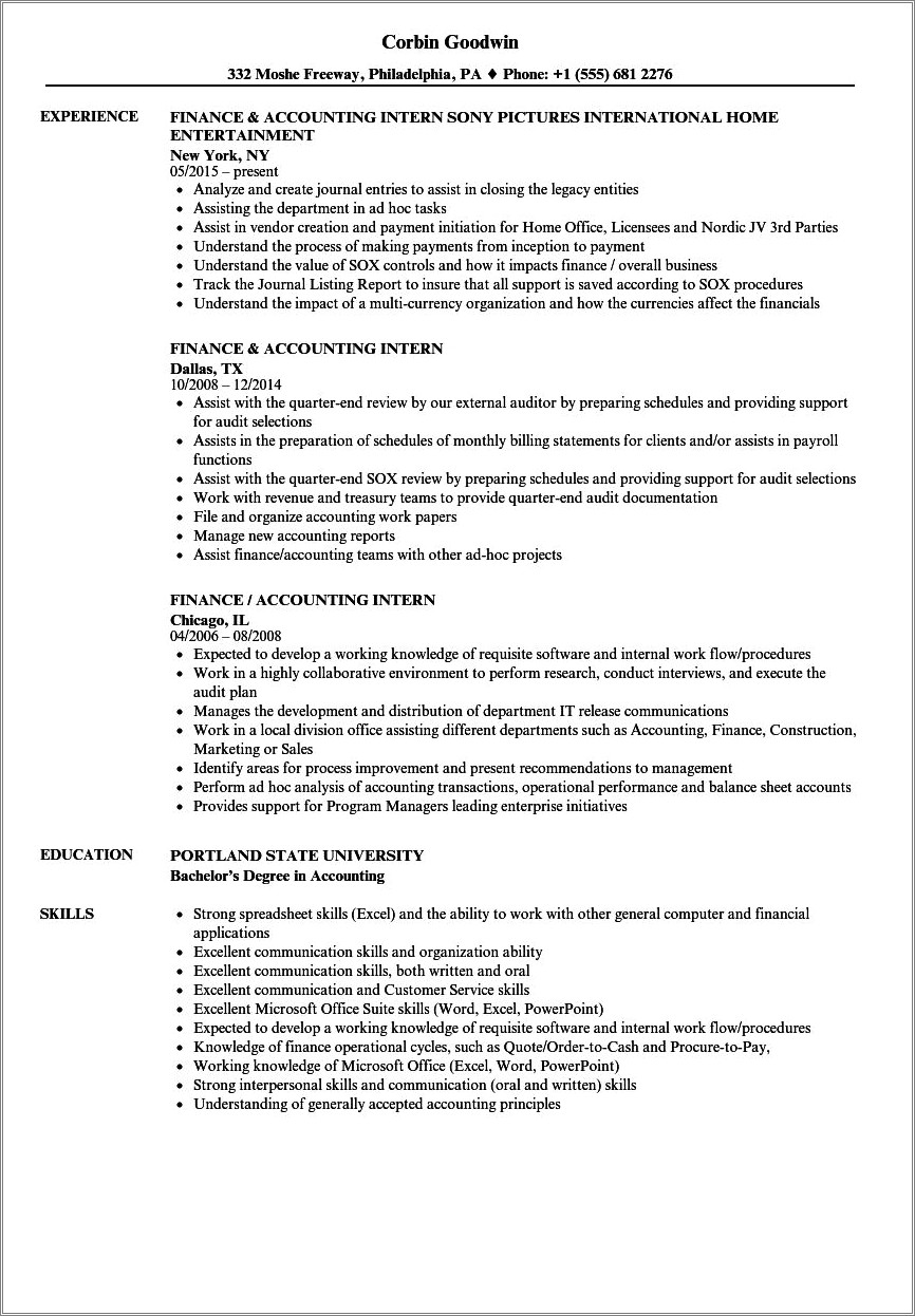 Description For Resume For Big 4 Accounting Internship