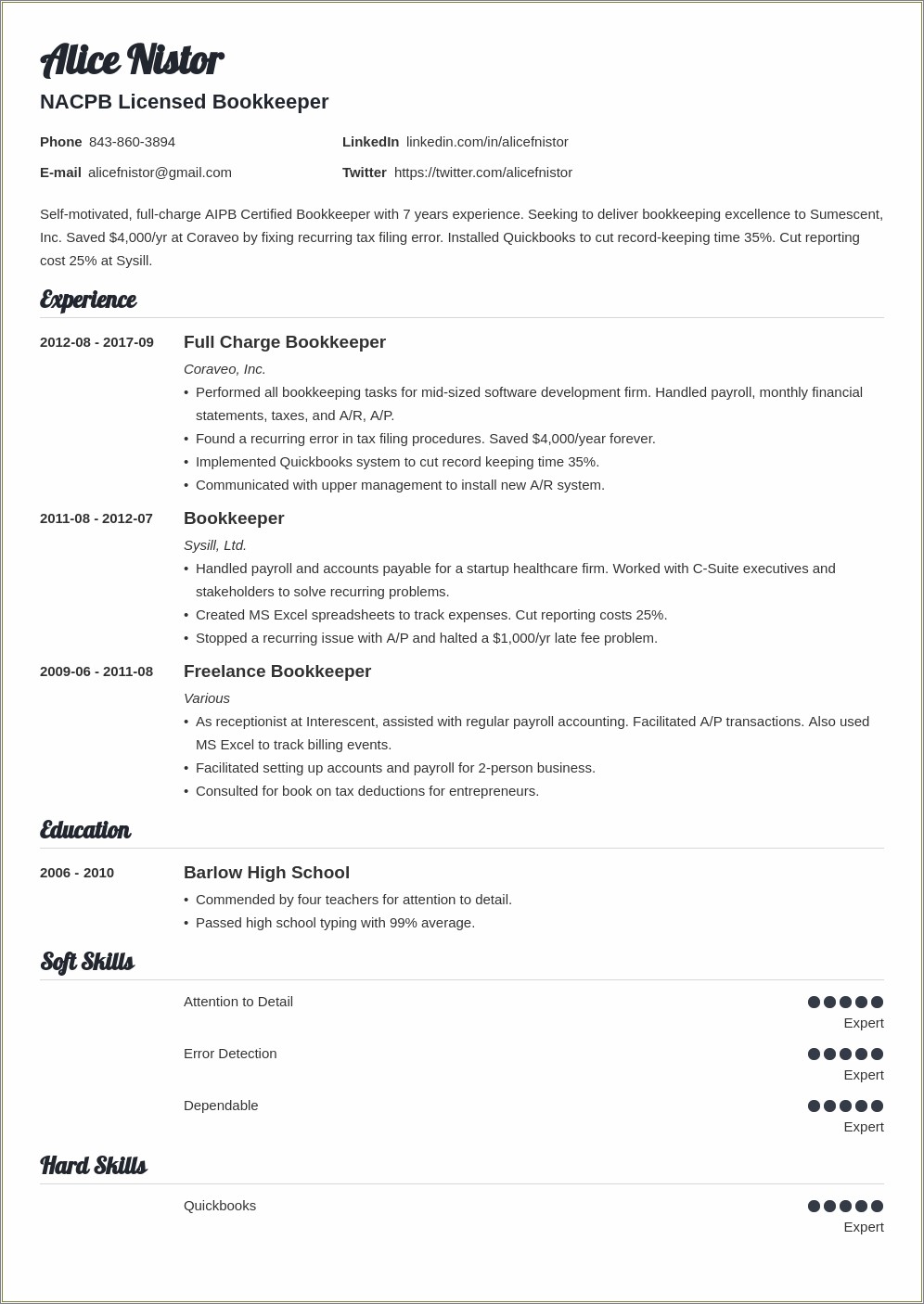 Description Of A Bookkeeper For A Resume