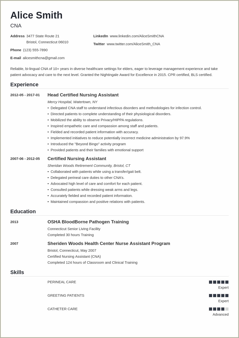 Description Of A Cna To On A Resume